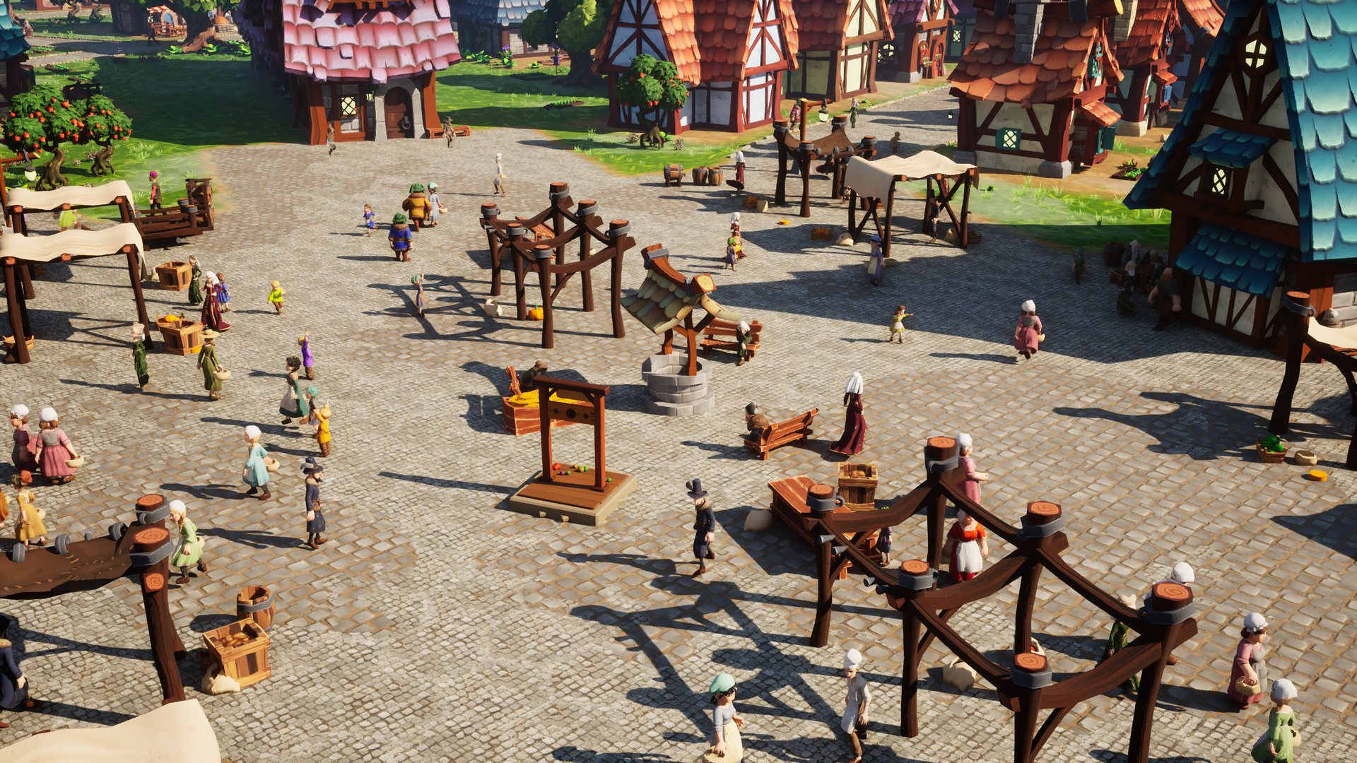 Belebter Marktplatz mit Ständen, Brunnen und vielen Bürgern am Vormittag